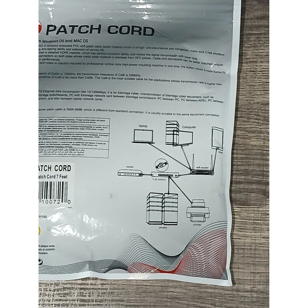 Patch Cord UTP Cat5a 7 Feet. High Quality. Compatible W Windows OS & Mac OS. New